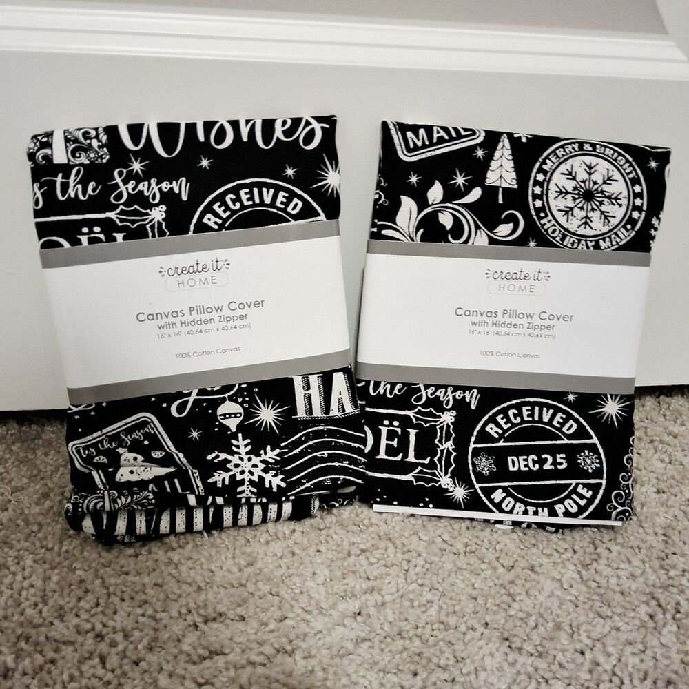 16x16 Canvas Pillow Covers Christmas Holiday Decorative Black/White (2 Covers)